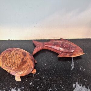 Two Vintage Hand Carved Wooden Serving Tray Bowl w/Lid